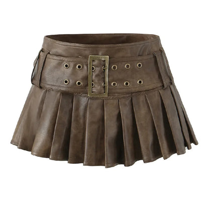 Retro Buckle Belt Low Waist Sexy Leather Pleated Mini Skirt