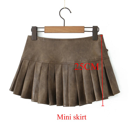 Retro Buckle Belt Low Waist Sexy Leather Pleated Mini Skirt