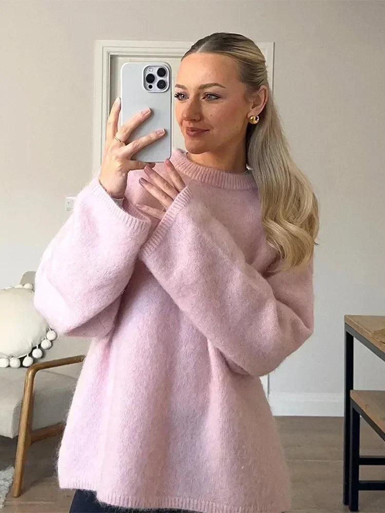 Sweet Pink Women Mohair Casual Loose O-neck Long Sleeve Knitted Pullover 2024 Autumn Stylish Sweater