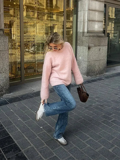 Sweet Pink Women Mohair Casual Loose O-neck Long Sleeve Knitted Pullover 2024 Autumn Stylish Sweater