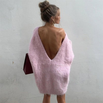 2024 Autumn Long Sleeve Sexy Big Backless Knitted Dress Women Fashion Solid Loose Stylish Sweater