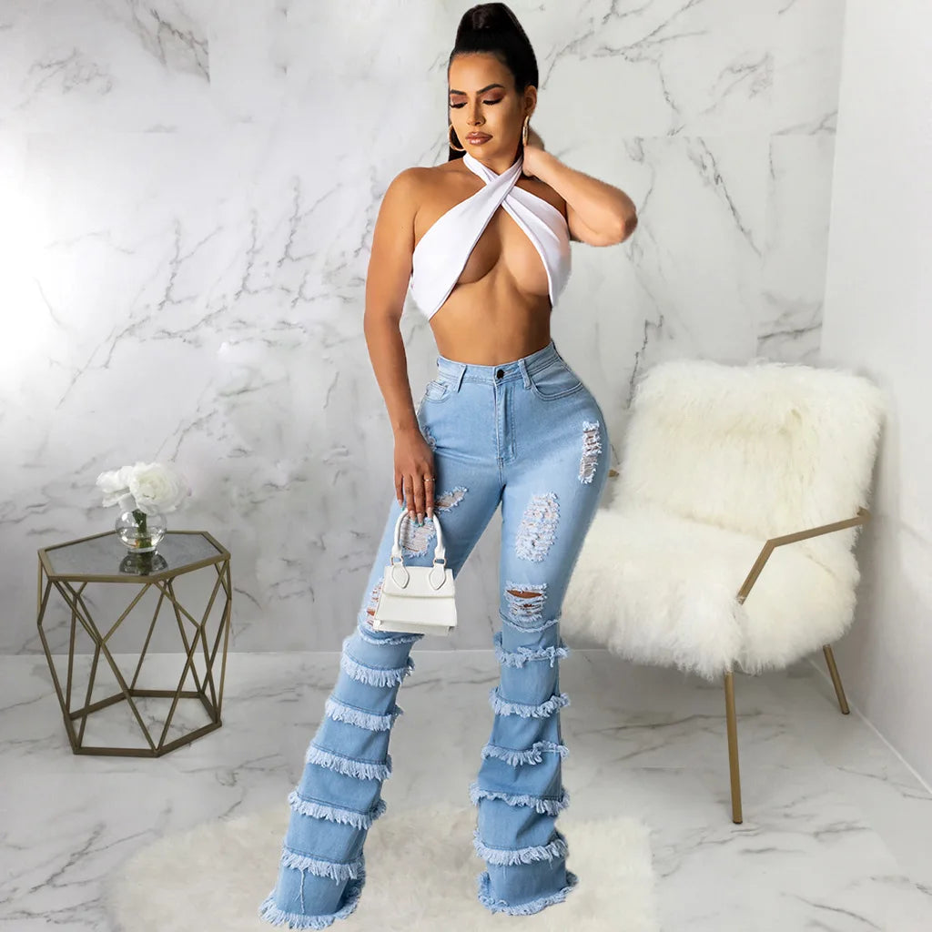 Amy Fashion - Tassel Thousand Layers Flared Design Light Blue Ripped Fashion Wide Leg Ladies Jean