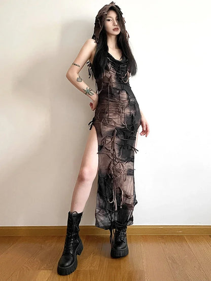 Gothic Vintage Tassel Tie Sleeveless Split Dye Midi Hooded Dress High Sexy Fairy Y2K Dress Grunge