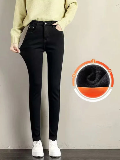 Amy Fashion - Thickened Plush High Waist Elastic Slim Pencil Winter Wool Insulation Fur Plush Jean