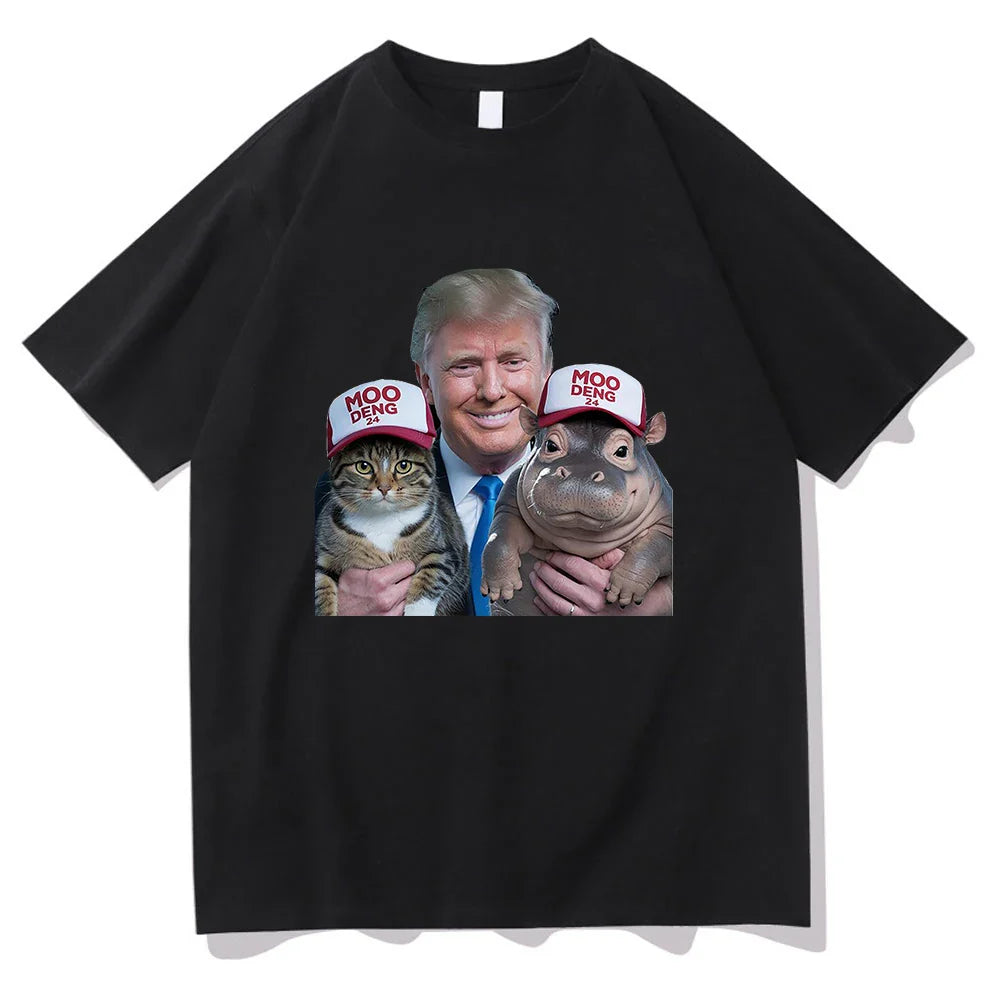 Unisex Cotton Funny Trump 24 Hippo Short Sleeve Men Women Graphic Vintage T-Shirt Moo Deng