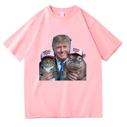 Unisex Cotton Funny Trump 24 Hippo Short Sleeve Men Women Graphic Vintage T-Shirt Moo Deng