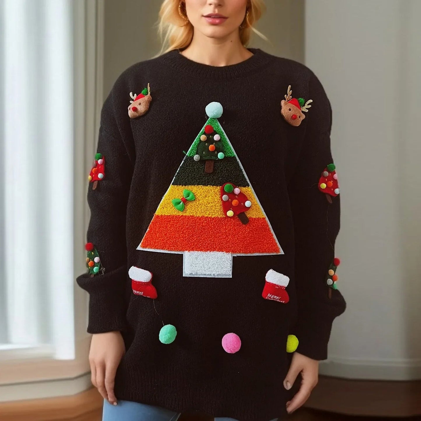 Christmas Tree Jacquard Round Neck Long Sleeve Fleece Christmas Sweater