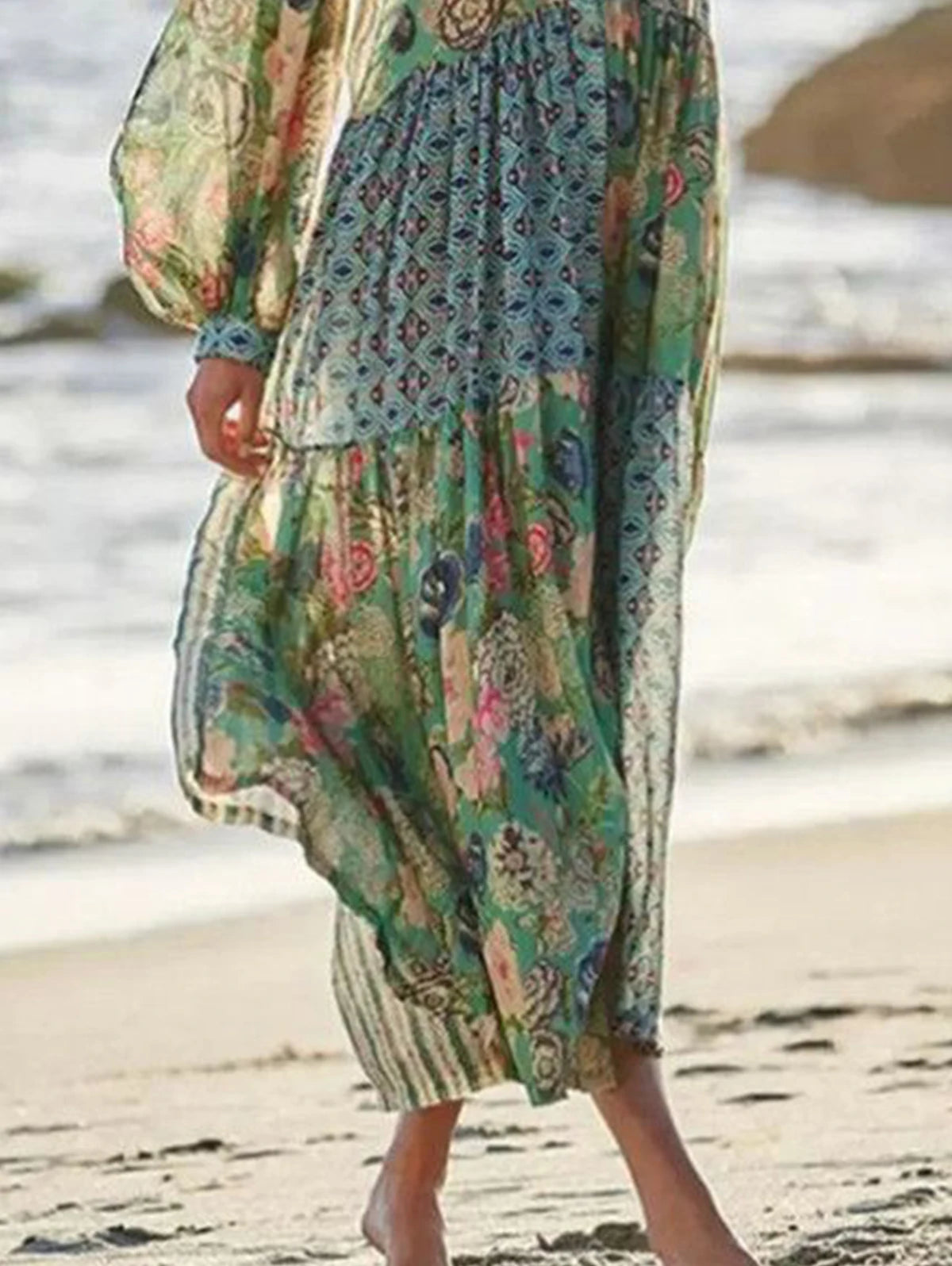 Amy Fashion - Elegant Floral Print Lantern Long Sleeve Chiffon Boho Dress