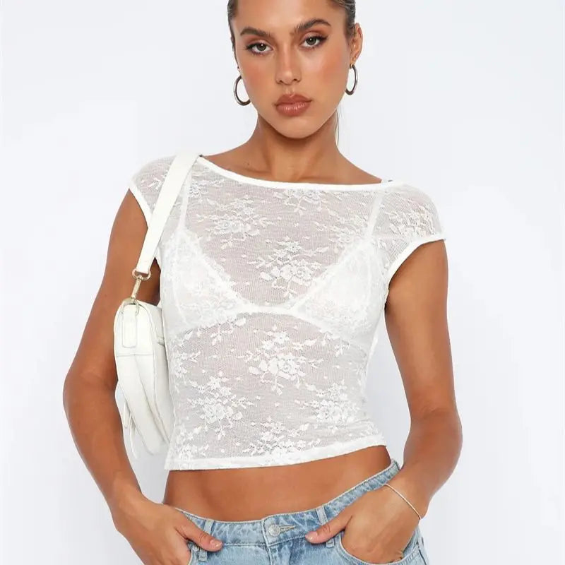 AMY FASHION - Sexy See Through Mesh Backless Bodycon Summer Party Crop Top