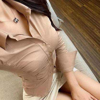 Single-breasted Waist Tight Slim Long-sleeve Sweet Blouse