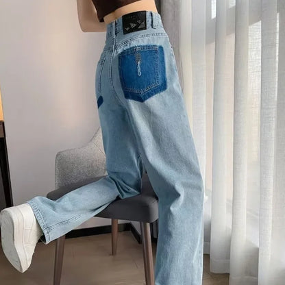 Amy Fashion - Summer Thin Vintage Blue High Waist Slim Pear Shaped Contrast Straight Leg Wide Leg Jean