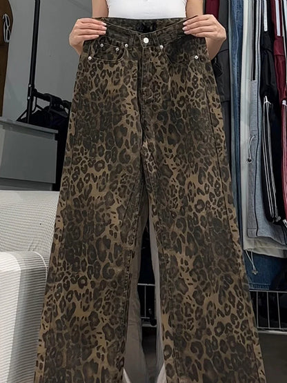 Amy Fashion - Wide Leg Leopard Print Women High Waisted 2024 Y2k Fashion Streetwear Retro Denim Baggy Casual Straight Jean