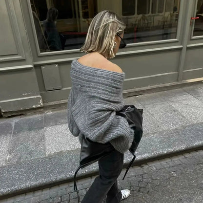 Winter Coffee Rib Knitting Ruched Slash Shoulder Pullover Women Full Sleeve Loose Thick Cozy Sweater