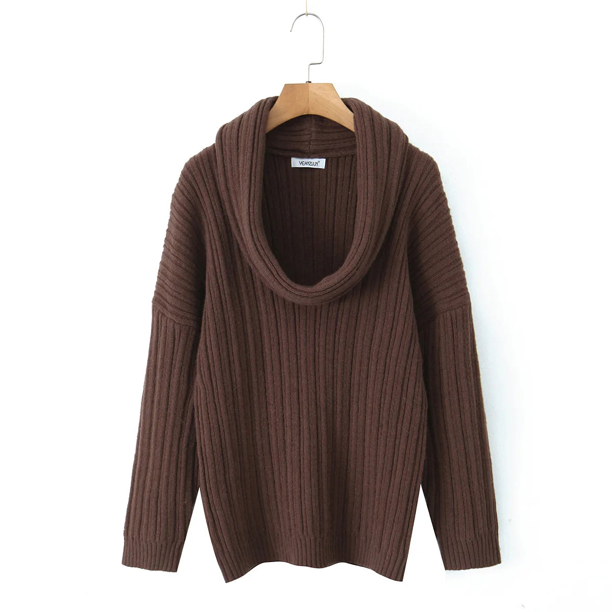 Winter Coffee Rib Knitting Ruched Slash Shoulder Pullover Women Full Sleeve Loose Thick Cozy Sweater