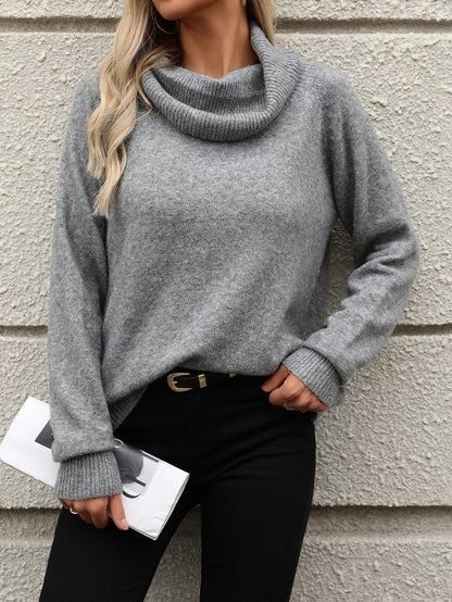 Fall Winter Solid Turtleneck Off Shoulder Long Sleeve Loose Sweater