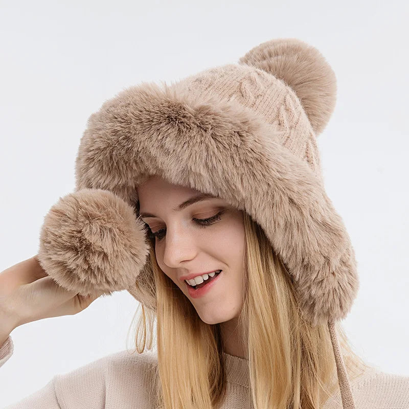 Fluffy Velvet Earflap Ski Hat with Outdoor Lining for Women