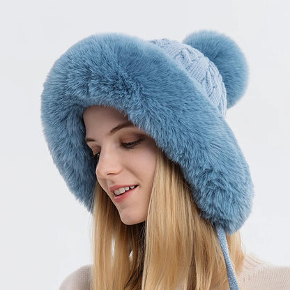 Fluffy Velvet Earflap Ski Hat with Outdoor Lining for Women