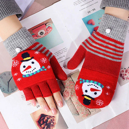 Christmas Elk Printed Knitted Flip Half Finger Winter Glove