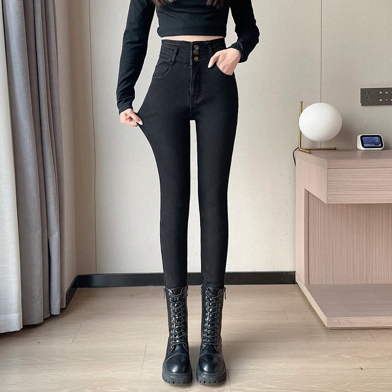 Amy Fashion - Winter Plus Velvet Skinny Women Stretch Denim Trousers Retro Patchwork Autumn Warm Thick Pencil Pants Jean