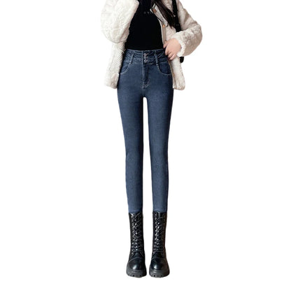 Amy Fashion - Winter Plus Velvet Skinny Women Stretch Denim Trousers Retro Patchwork Autumn Warm Thick Pencil Pants Jean