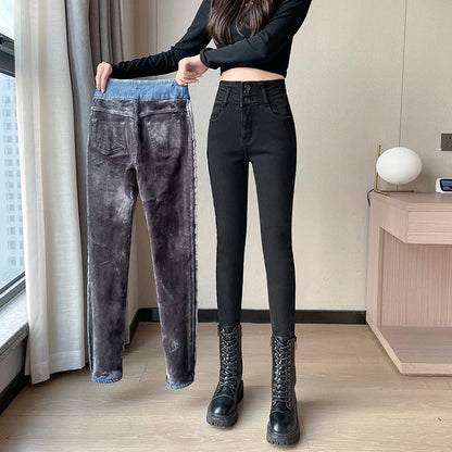 Amy Fashion - Winter Plus Velvet Warm Women Thickened High Waist Casual Slim Stretch Denim Trousers Skinny Pencil Pants Jean