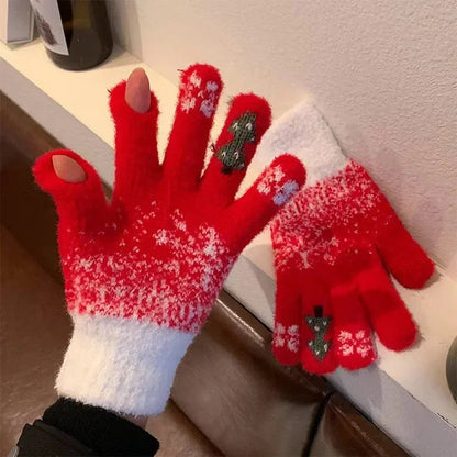 Cashmere Christmas Tree Knit Skiing Full Finger Plush Gloves