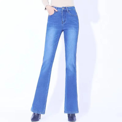 Amy Fashion - Winter Thicken Warm Stretch Woman Flare 2024 New High Waist Korean Fashion Pockets Solid Casual Slim Flared Denim Jean