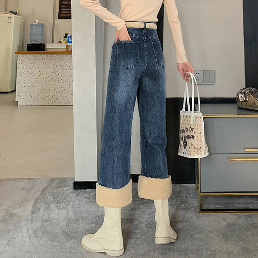 Amy Fashion - Winter Thick Velvet Fleece Faux Lambs Wool Stitching Fashion High Waist Casual Warm Wide Leg Denim Jean