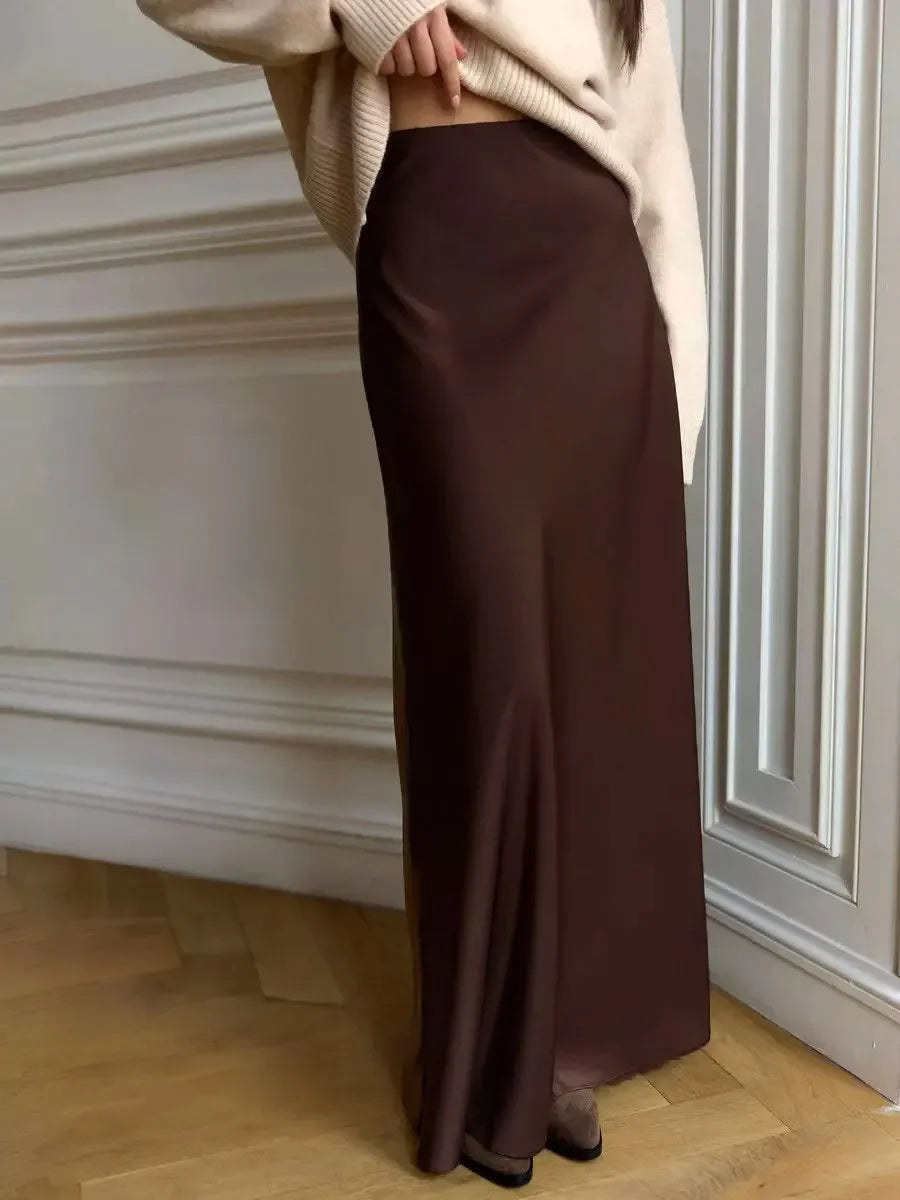 Casual Satin Loose High Waist Maxi Elegant Simple Silk Fishtail Skirt