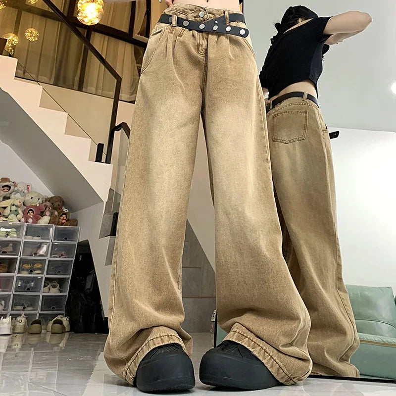 American High Waist 2000s Y2K Vintage Designer Baggy Girls Harajuku Brown Denim Jeans