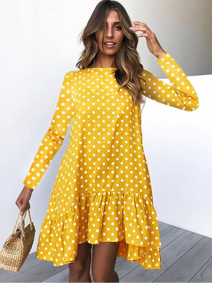 Amy Fashion - Fashion Polka Dot Chiffon Long Sleeve O Neck Ruffle Dress