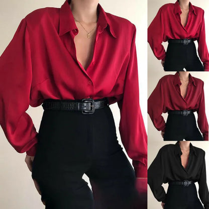 Spring Satin Red Lantern Sleeve V-neck Elegant Blouse