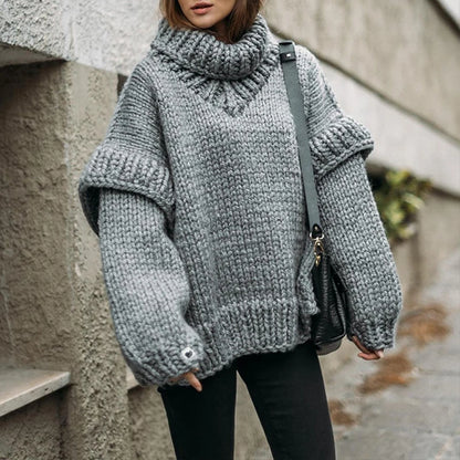 Women Casual Warm Winter Thick Fall Elegant Solid Knitted Jumper Fashion Long Sleeve Loose Sweater