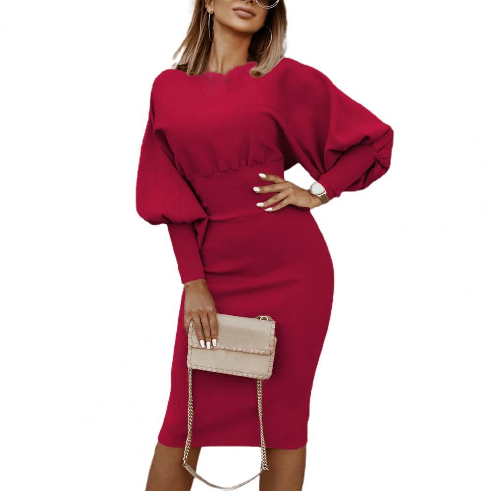 Amy Fashion - Puff Sleeve Slim Round Neck Knee Length Office Dress