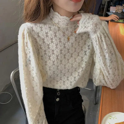 Elegant Floral Turtleneck Lace Autumn Long Sleeve Fashion Spring Lady Top Blouse