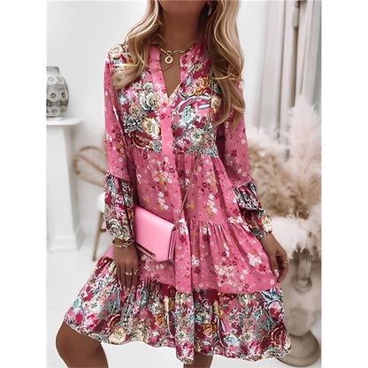 Amy Fashion - Summer Floral Print V Neck Ruffles Boho Dress