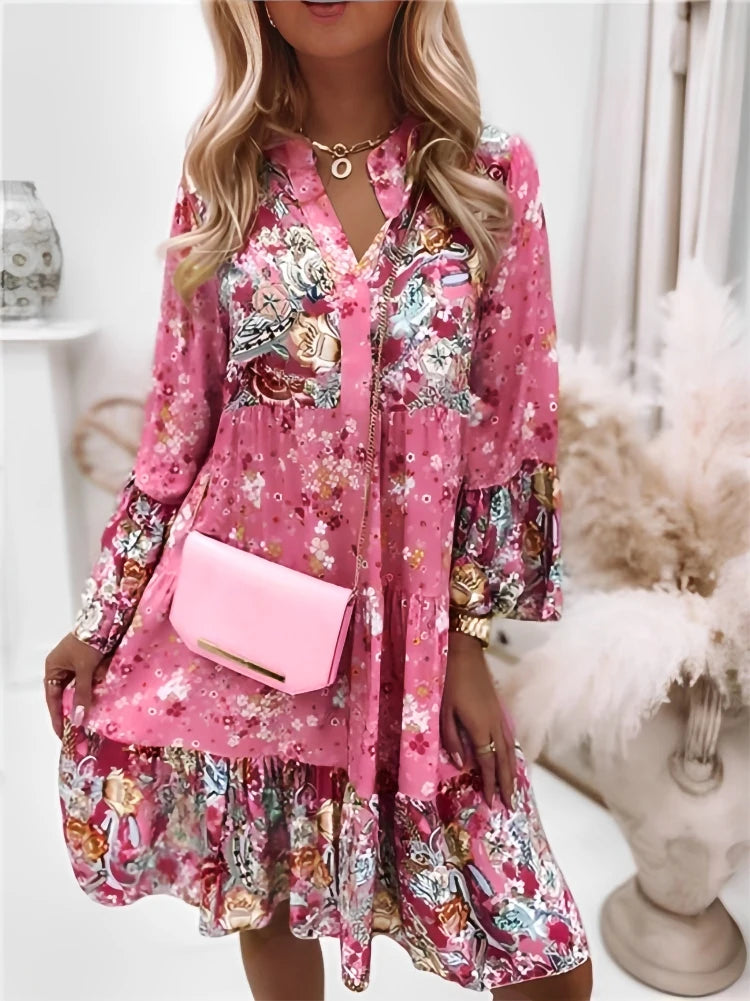 Amy Fashion - Summer Floral Print V Neck Ruffles Boho Dress