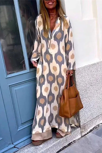 Amy Fashion - Geometric Printing Split Autumn V Neck Boho Dress