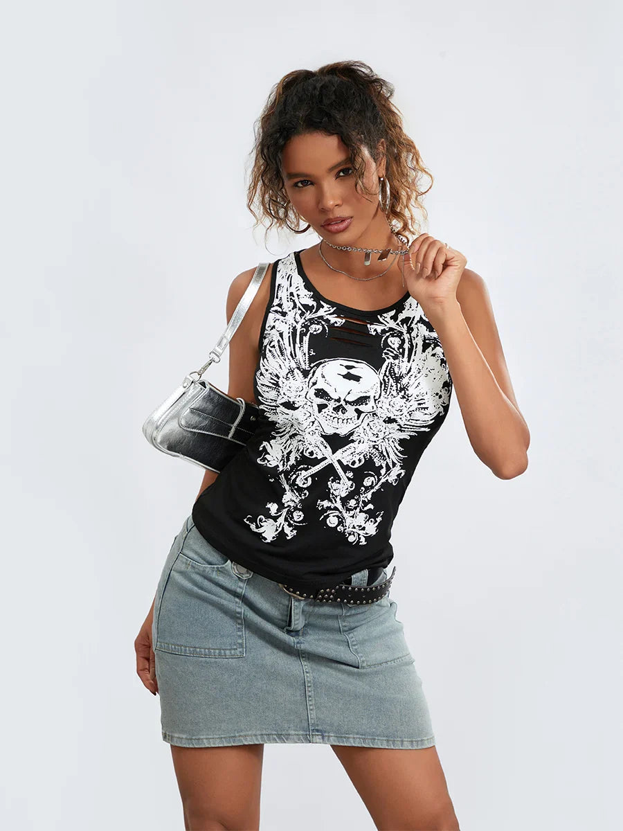 Crop Summer Goth Running Tank Sleeveless Top Fairy Hollow-Out Print Grunge Skull