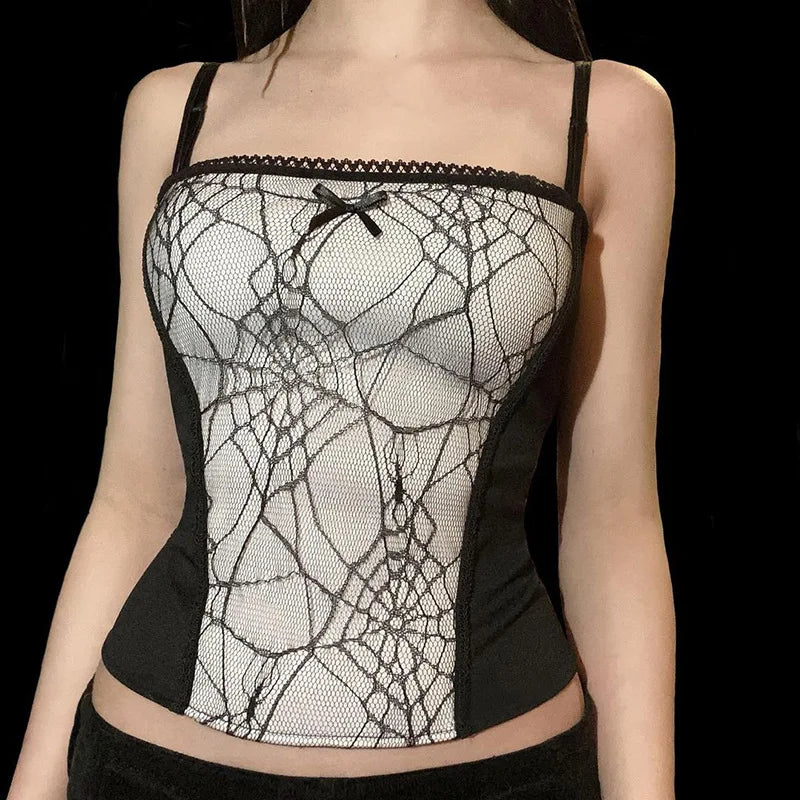 Gothic Web Pattern Top Sleeveless Backless Spider Crop Zipper