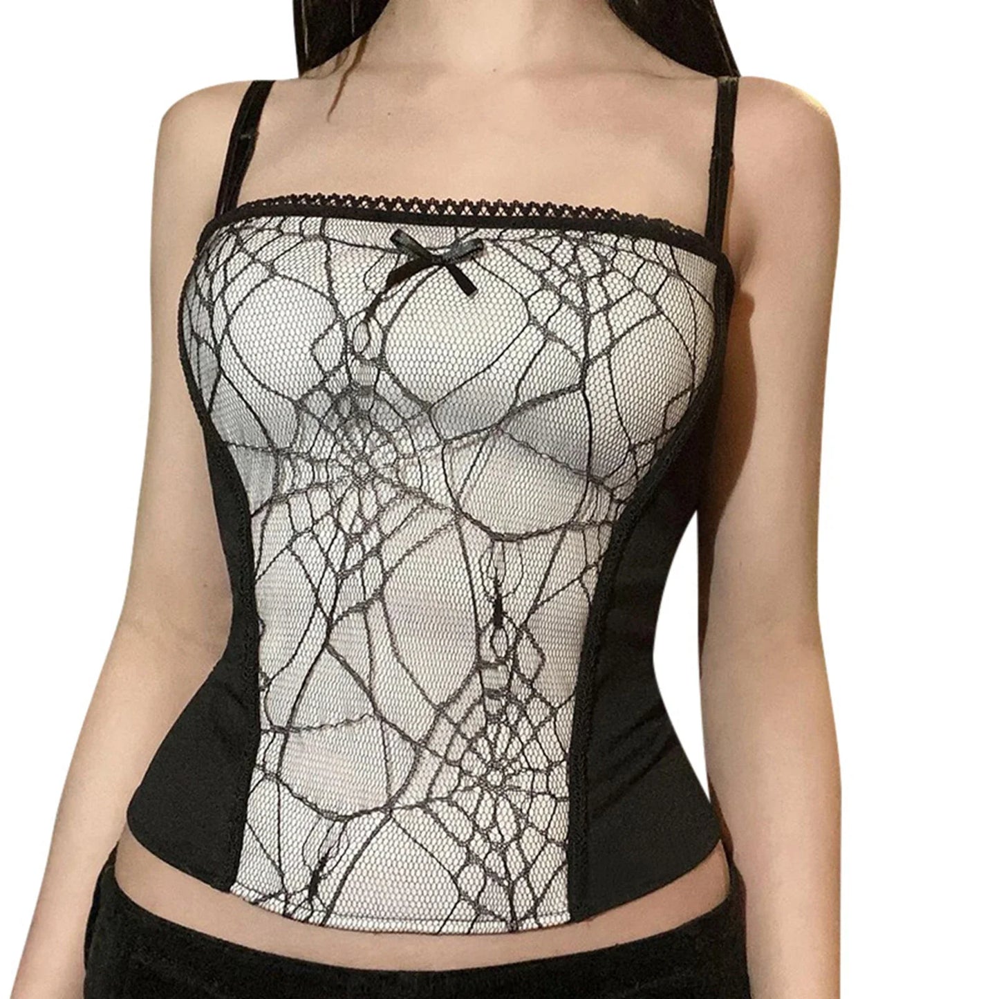 Gothic Web Pattern Top Sleeveless Backless Spider Crop Zipper