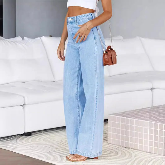 High Waist Loose Fit Wide Leg Button Basics Solid Color Denim Casual Pockets Jean