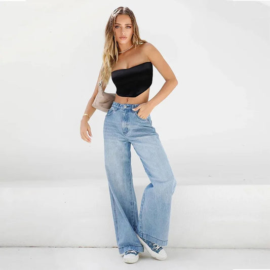 Wide Leg Denim Pockets Loose High Waist Full Length Zipper Fly Solid Color Streetwear Jean