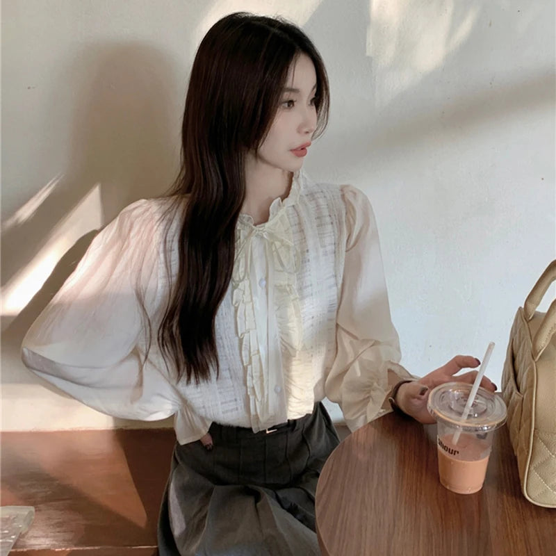 Elegant Lace Trim O-Neck Fall Sweet Cute Blouse