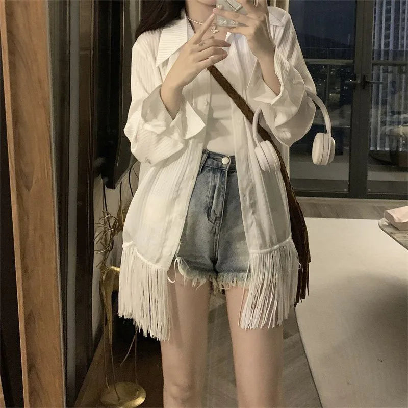 Tassel White Thin Simple Mid-Length Casual Top Blouse