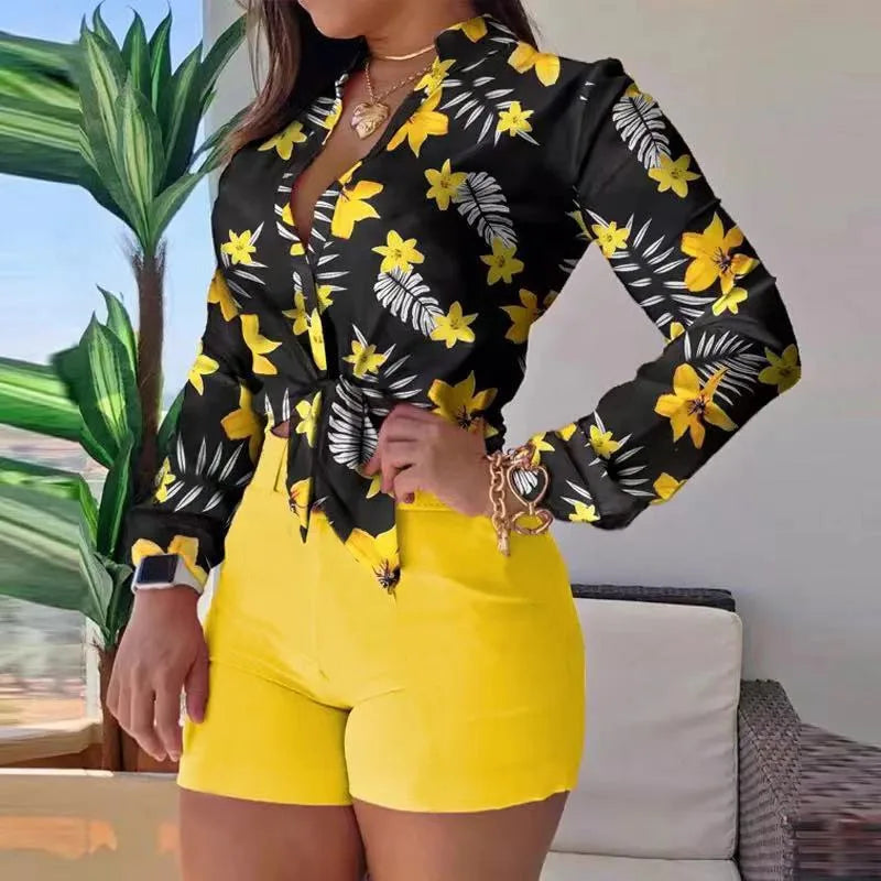 Floral Printed Tie Knot Top and Shorts Sets Blouse