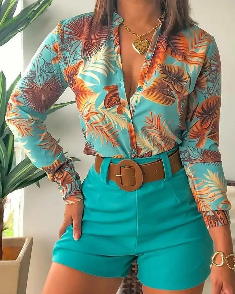 Floral Printed Tie Knot Top and Shorts Sets Blouse