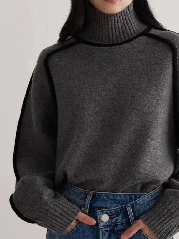 Patchwork Turtleneck Knitted Warm Thicken Long Sleeve Sweater