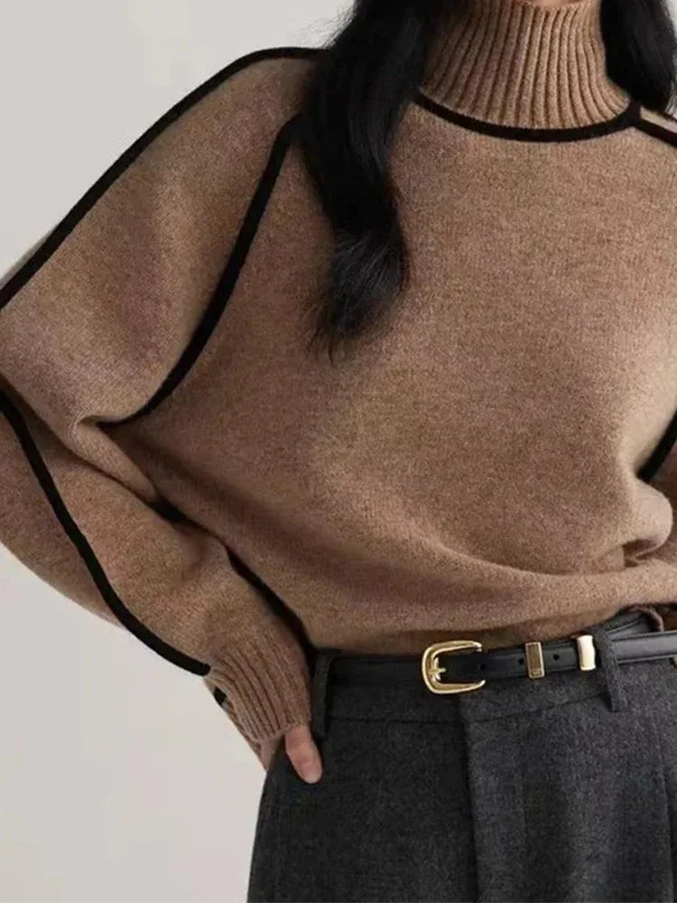 Patchwork Turtleneck Knitted Warm Thicken Long Sleeve Sweater