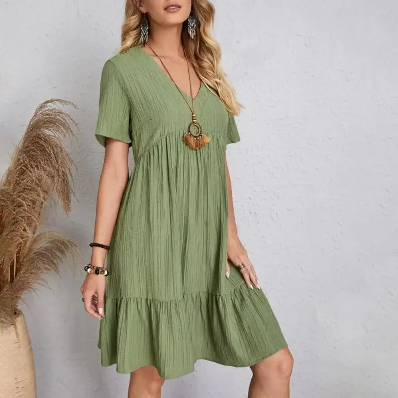 Amy Fashion - Solid V-Neck Short Sleeve Ruffles Boho Dress